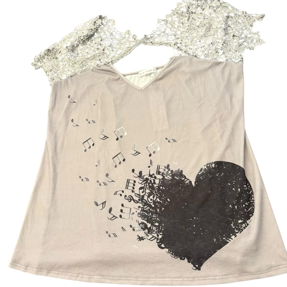 Musical Notes Heart Lace Short Sleeve Top Size 24 V-Neck Grey Black Open Back